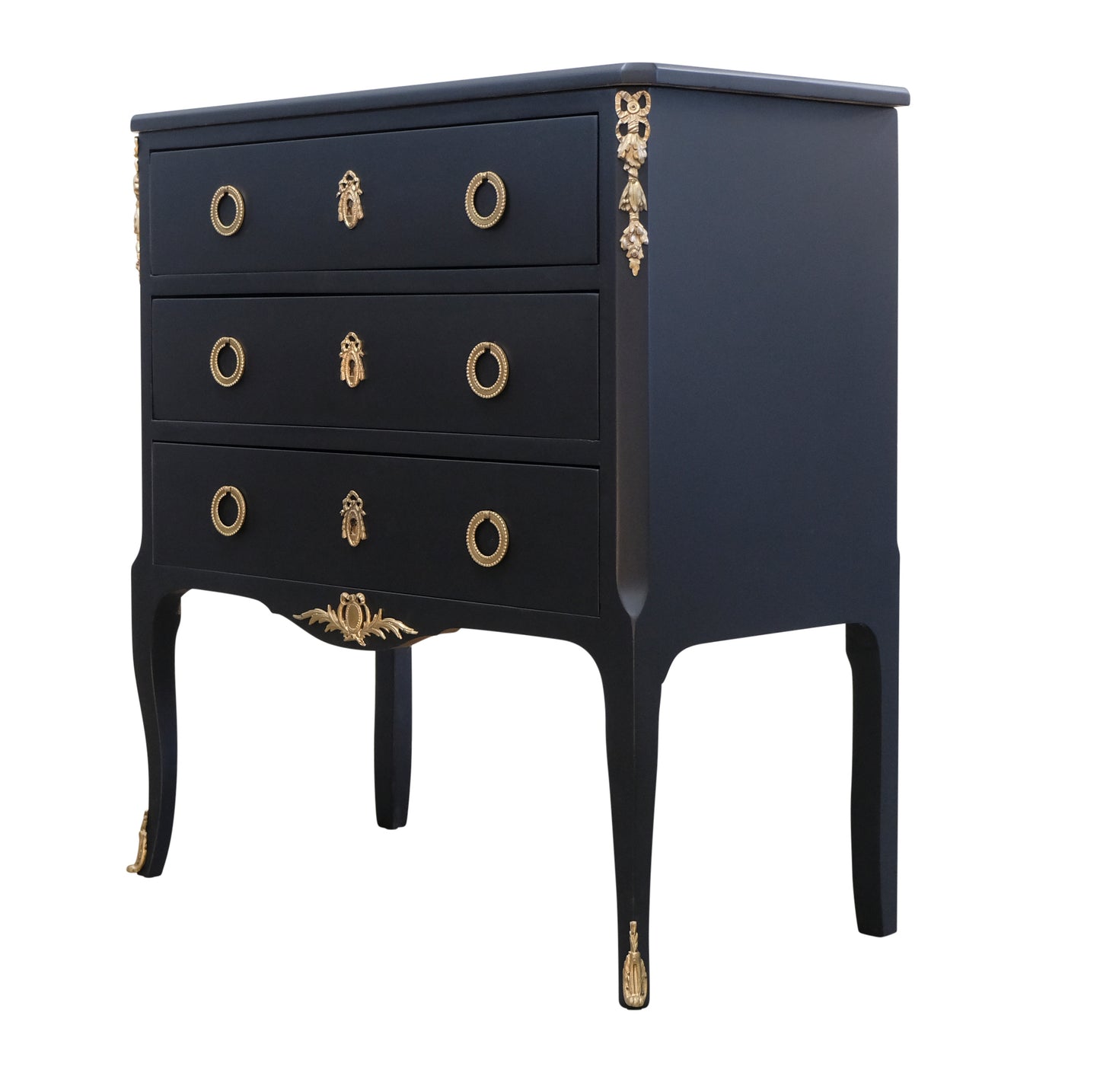 Louis XV Style Chest in Black with Fine Brass Fittings and a Marble Top