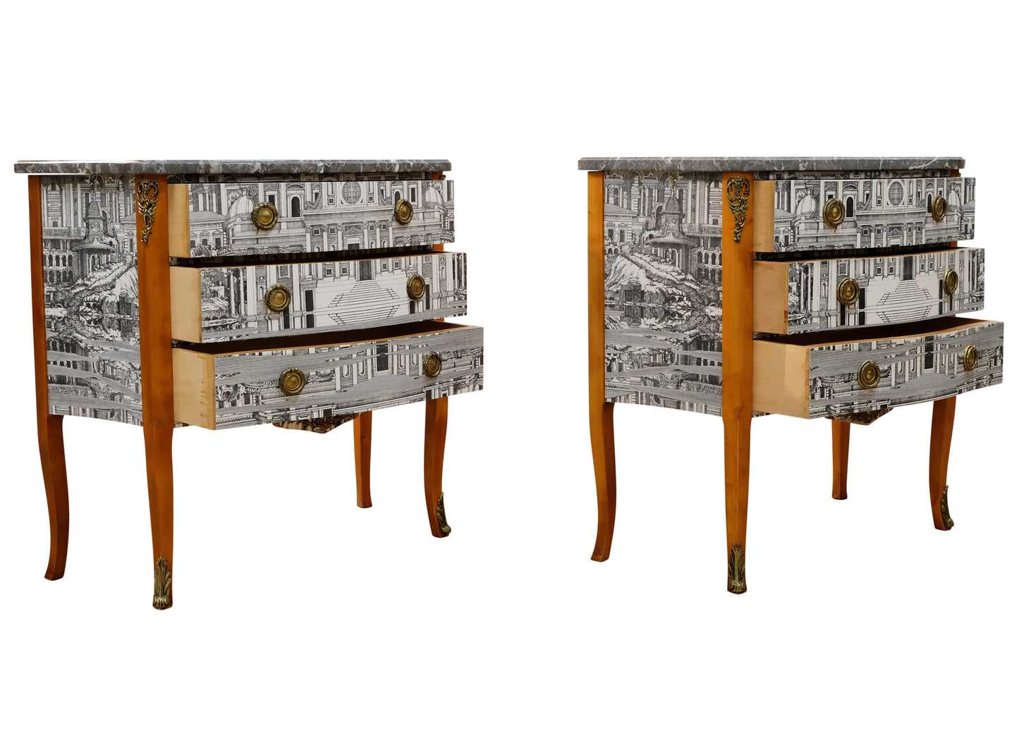 Pair of Louis XV Style Chest with Fornasetti Pattern of Ancient Rome and Grey Marble Top