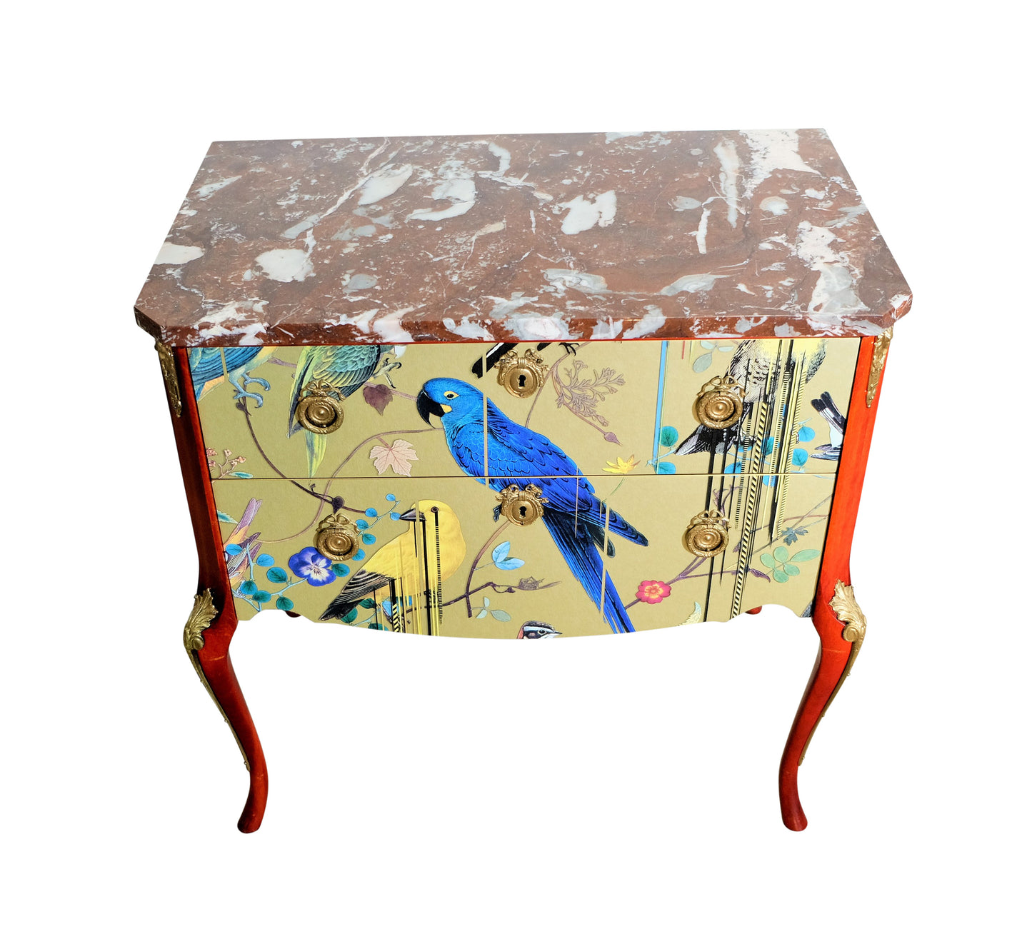 Louis XV Style Chest with Gold Birds Design and Marble Top
