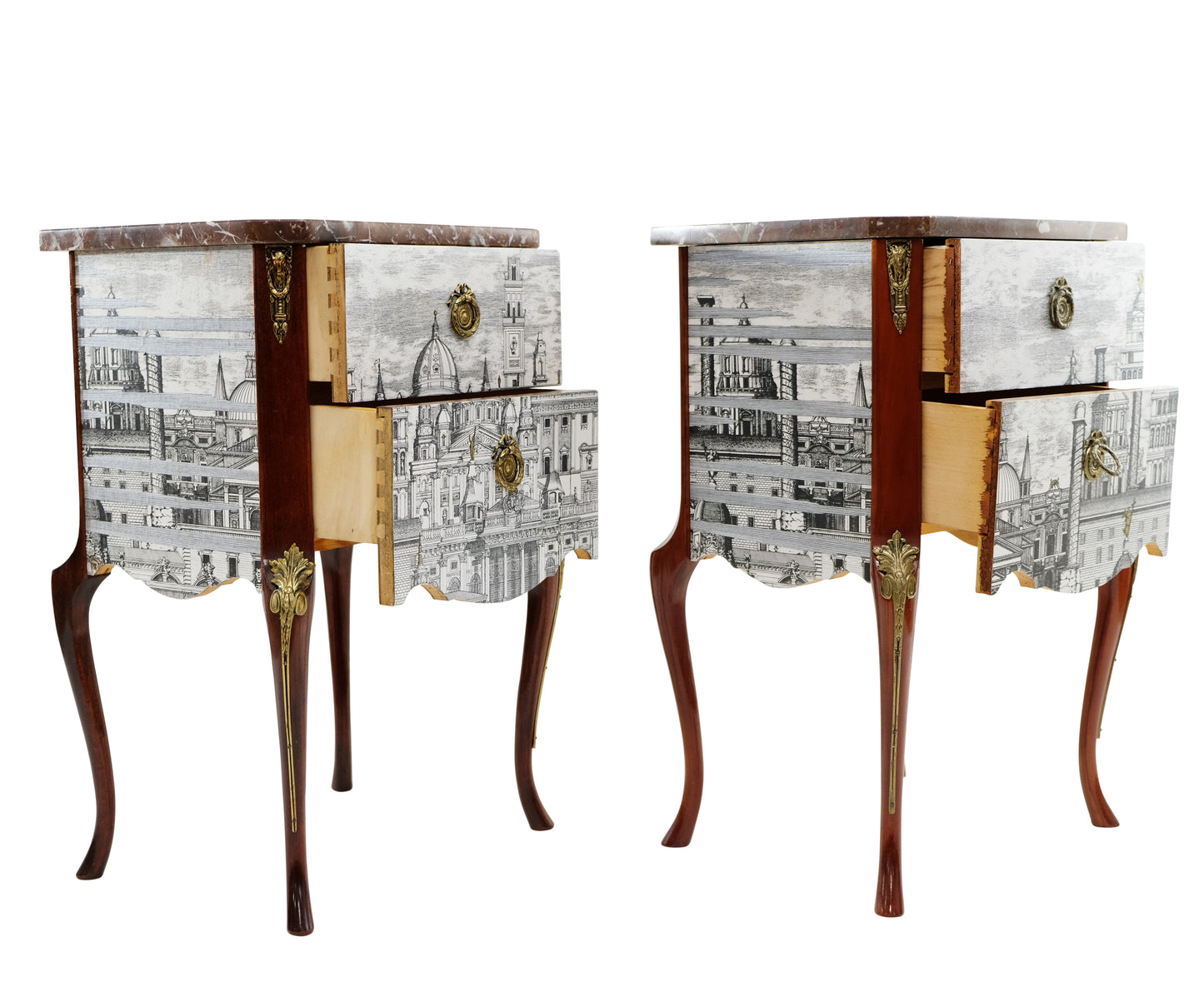 Pair Fornasetti Design Nightstands with Marble Top