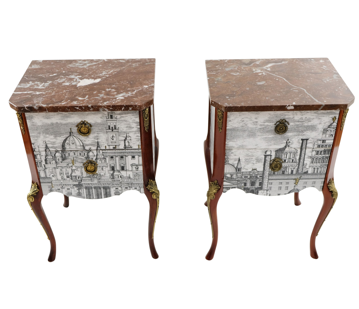 Pair Fornasetti Design Nightstands with Marble Top