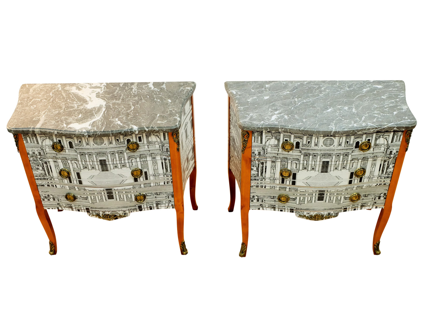 Pair of Louis XV Style Chest with Fornasetti Pattern of Ancient Rome and Grey Marble Top