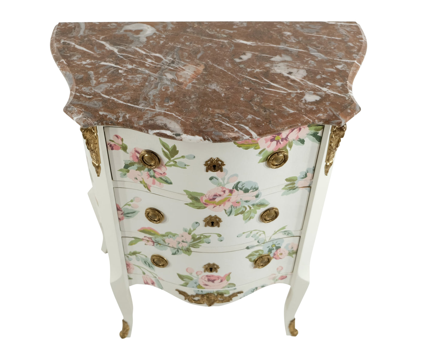Louis XV Style Chest Three Drawer Chest with Floral Design and Natural Marble Top