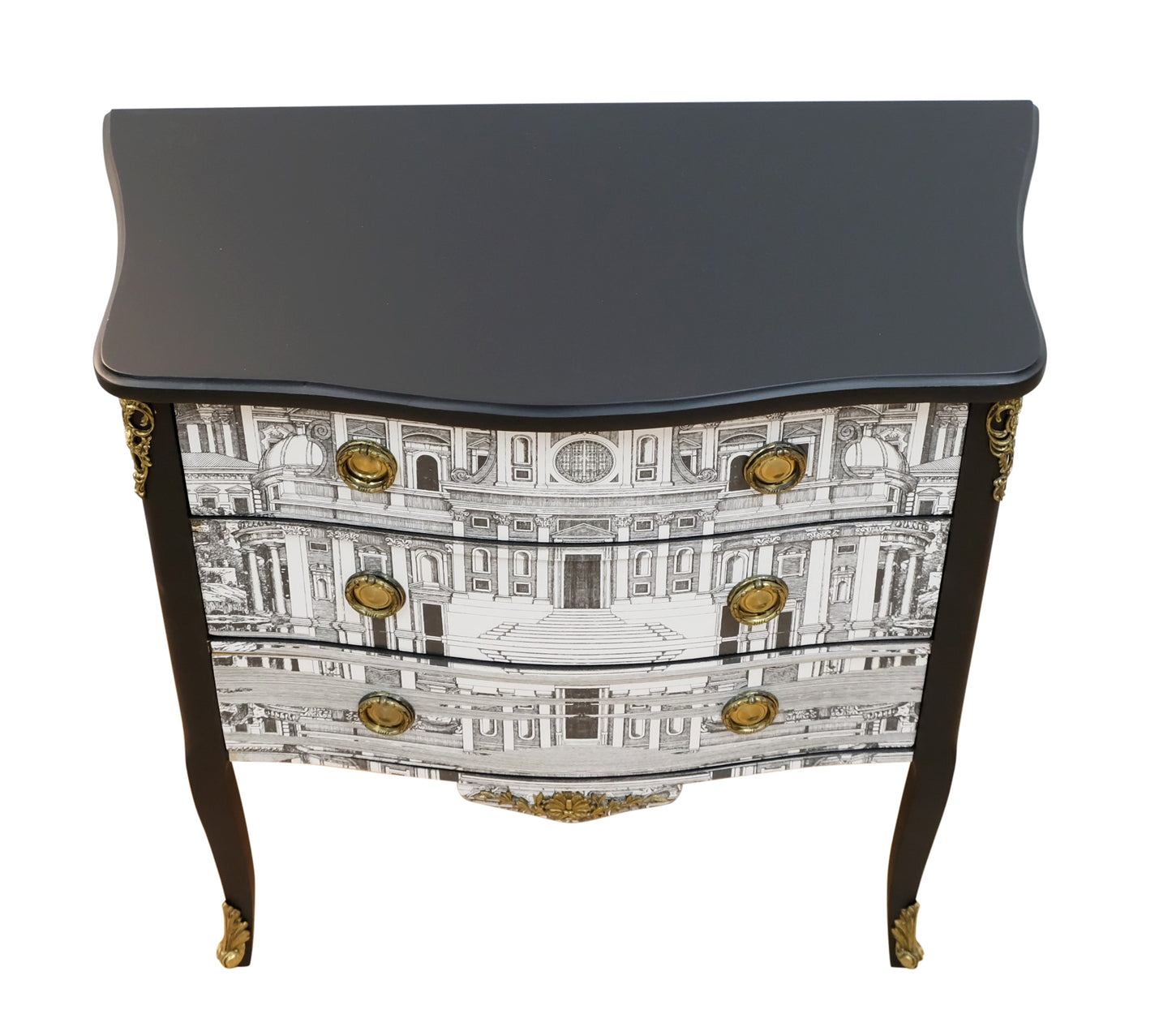 Louis XV Style Chest with Fornasetti Pattern of Ancient Rome and Black Marble Top