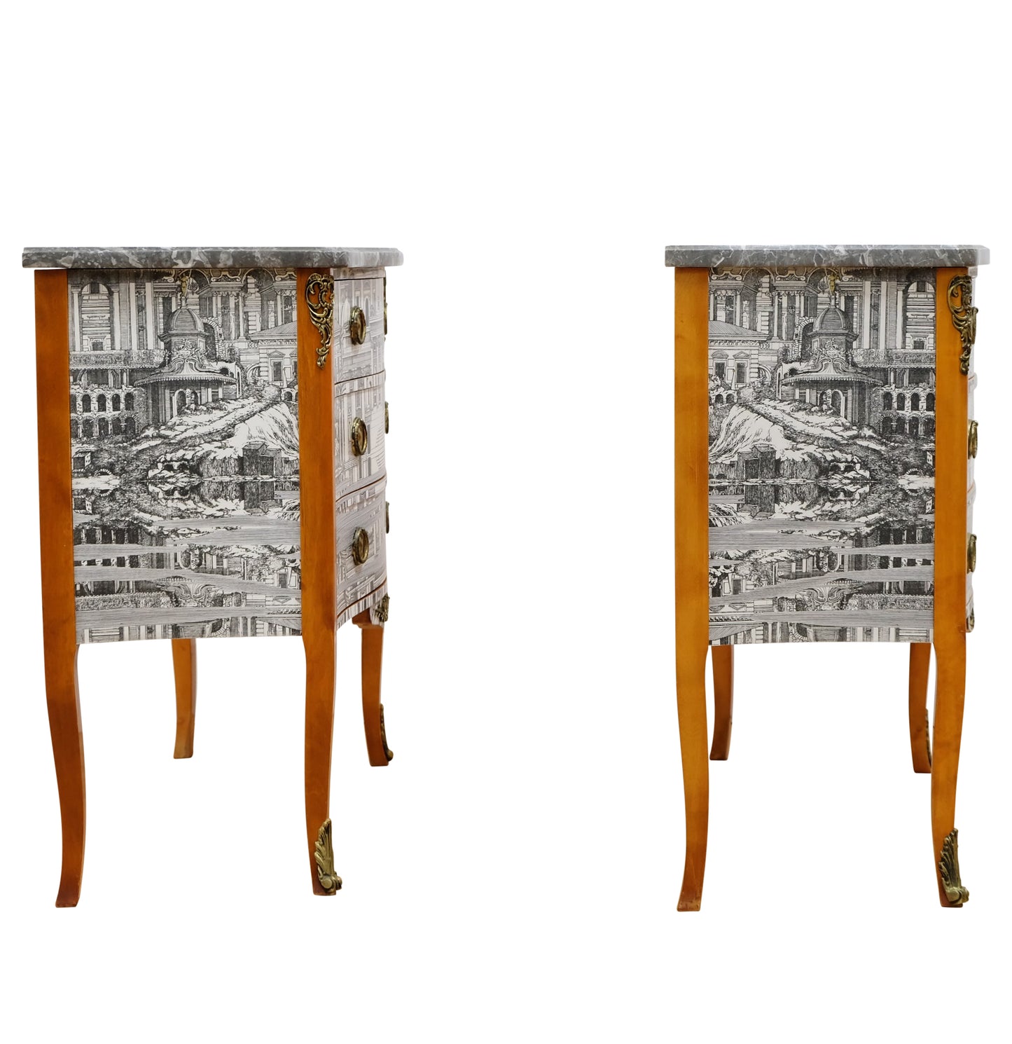 Pair of Louis XV Style Chest with Fornasetti Pattern of Ancient Rome and Grey Marble Top