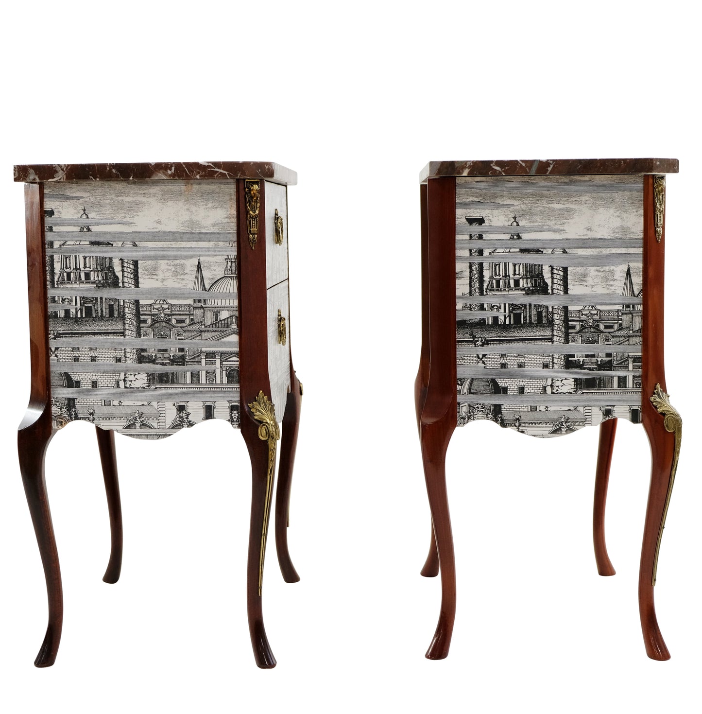 Pair Fornasetti Design Nightstands with Marble Top