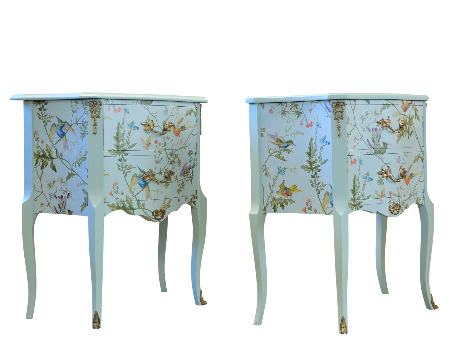 A Pair of Louis XV Style Bedside Tables with Floral Design and Marble Tops