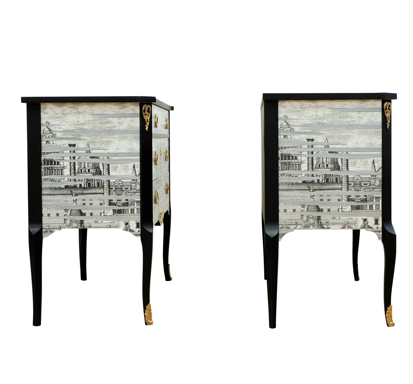 Pair Fornasetti Design Nightstands with Marble Top