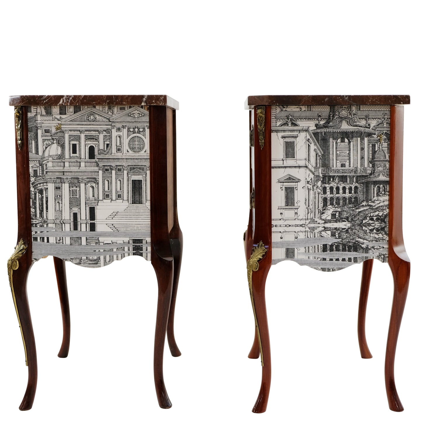 Pair Fornasetti Design Nightstands with Marble Top