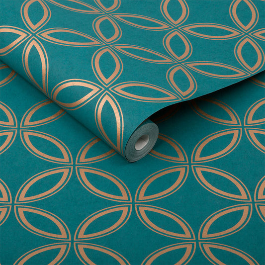 104068 - Eternity Wallpaper - Teal & Copper - Graham & Brown
