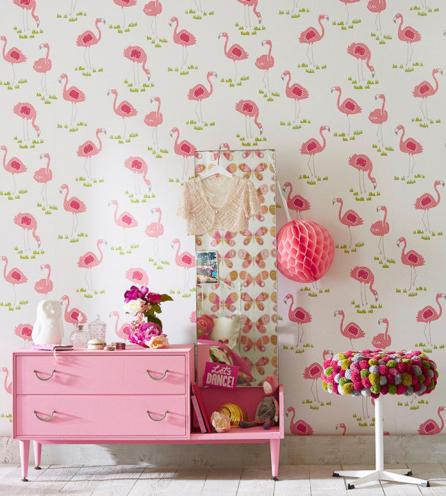 Felicity Flamingo Room Wallpaper - Blancmange / Chalk