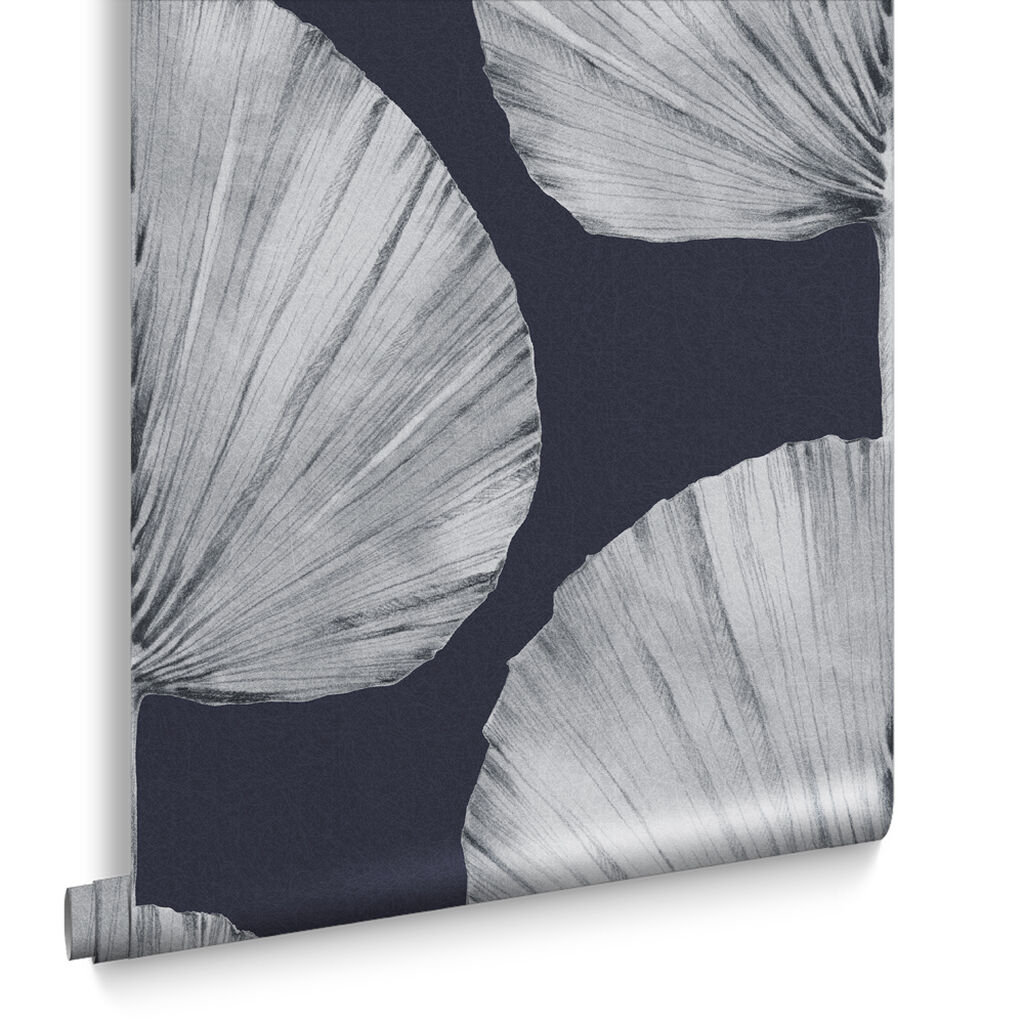 112195 - Palm Fan Wallpaper - Navy - Graham & Brown