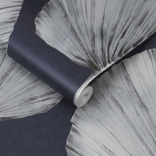 112195 - Palm Fan Wallpaper - Navy - Graham & Brown