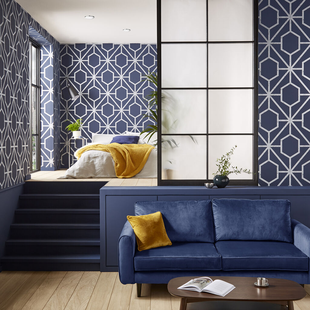 112200 - Rinku Wallpaper - Navy & Silver - Graham & Brown