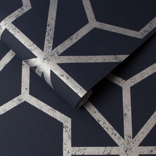 112200 - Rinku Wallpaper - Navy & Silver - Graham & Brown