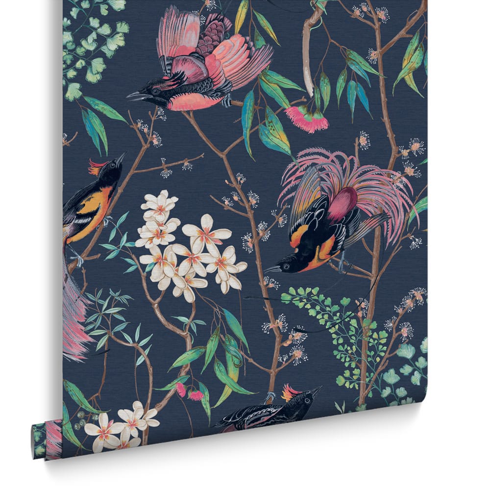121450 - Clavering Birds Night Wallpaper - Blue - Graham & Brown