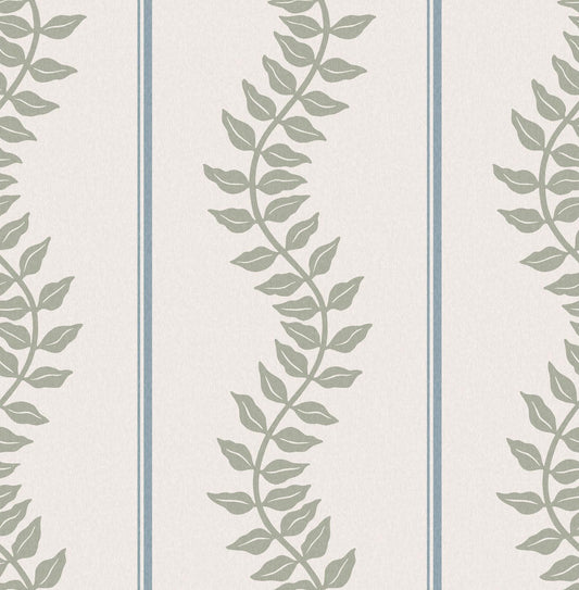 130294 - Laurel Leaf Stripe Wallpaper - Sky & Green - Graham & Brown