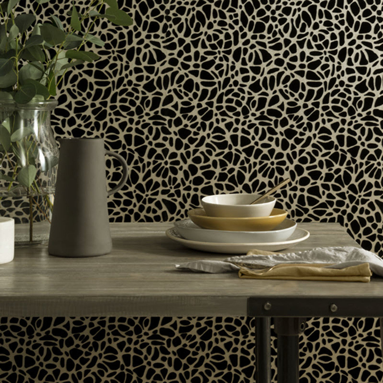 Pebble Jet Black Luxury Flock Wallpaper - 1838 wallcoverings