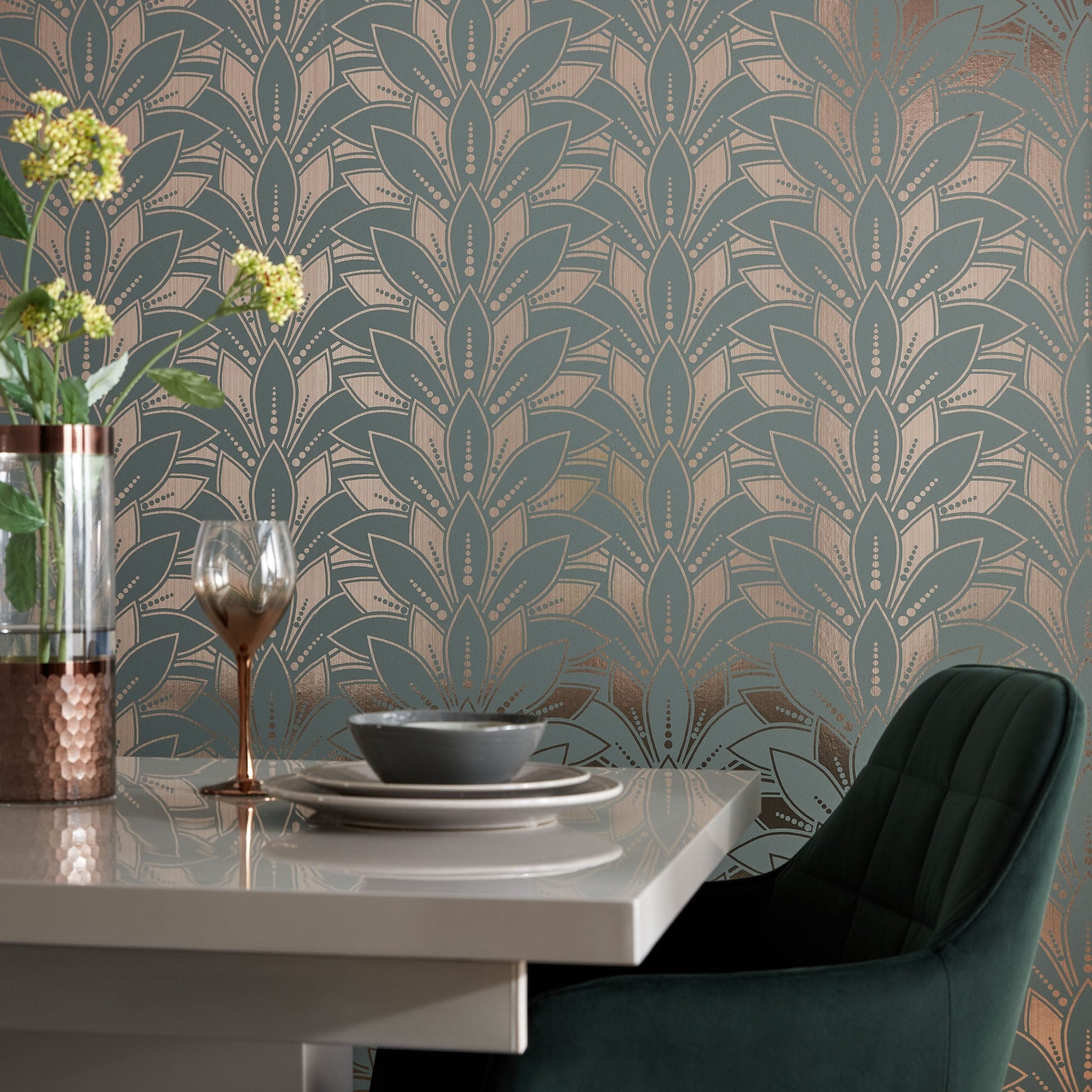Astoria Neo Mint Green and Gold Luxury Foil Wallpaper - 1838 wallcoverings
