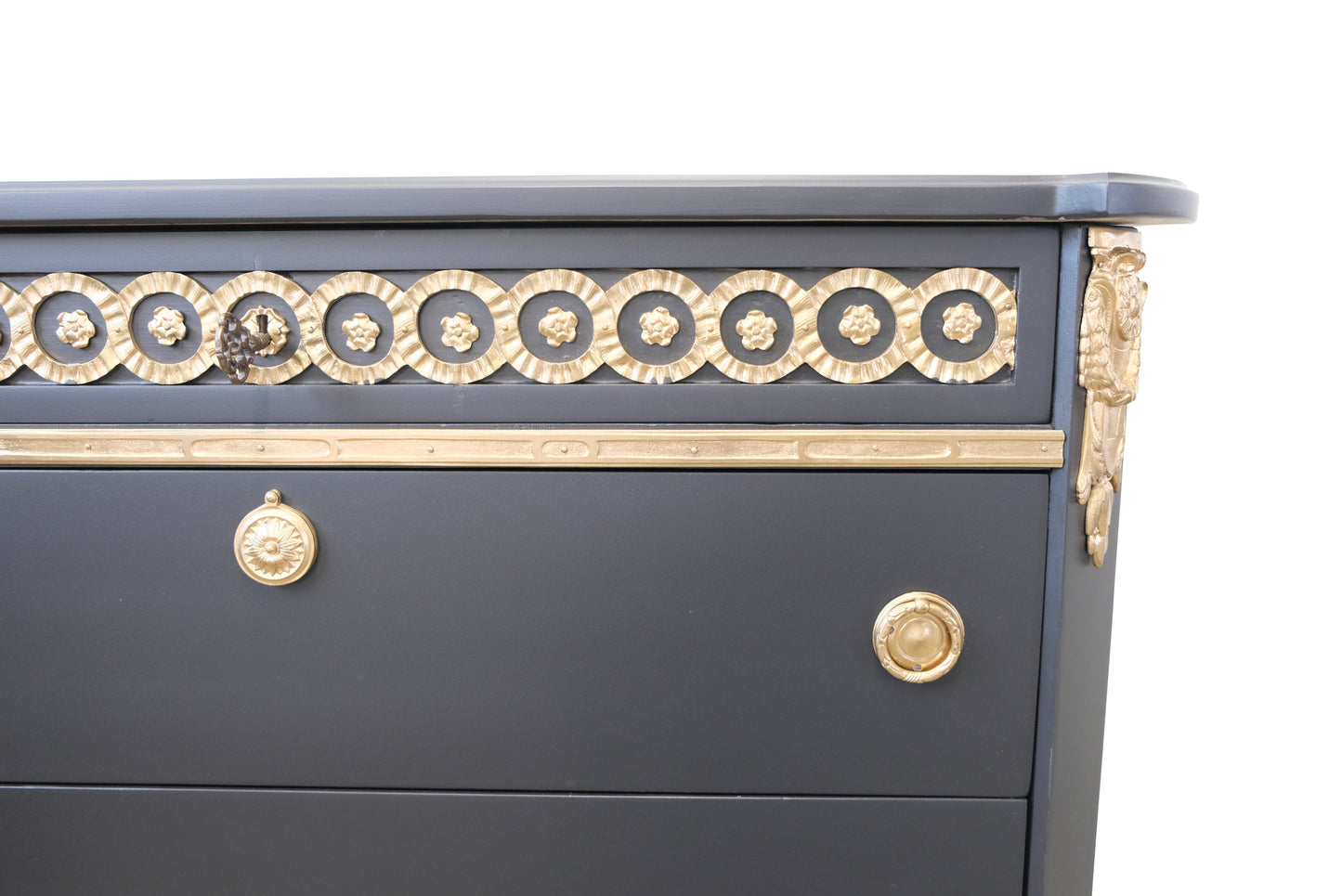 Gustavian Haupt Chest with Three Drawers in a black finish with brass detailing