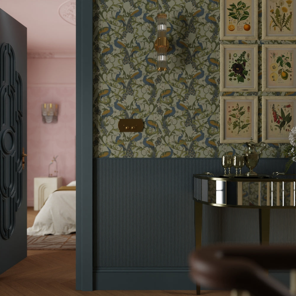 Aubrey Wallpaper - Classic Navy & Ochre on Forest Green - Lucie Annabel