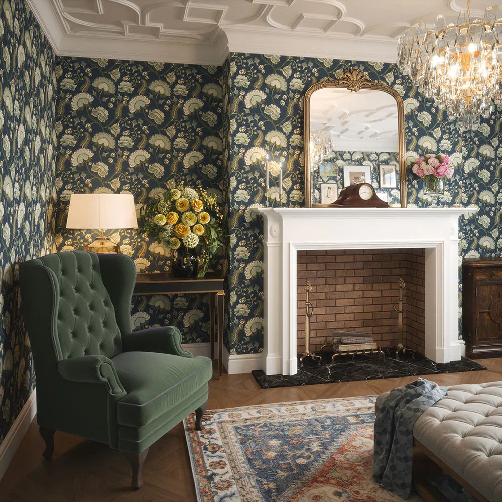 Beaumont Wallpaper - Olive & Sage Green on Classic Navy - Lucie Annabel