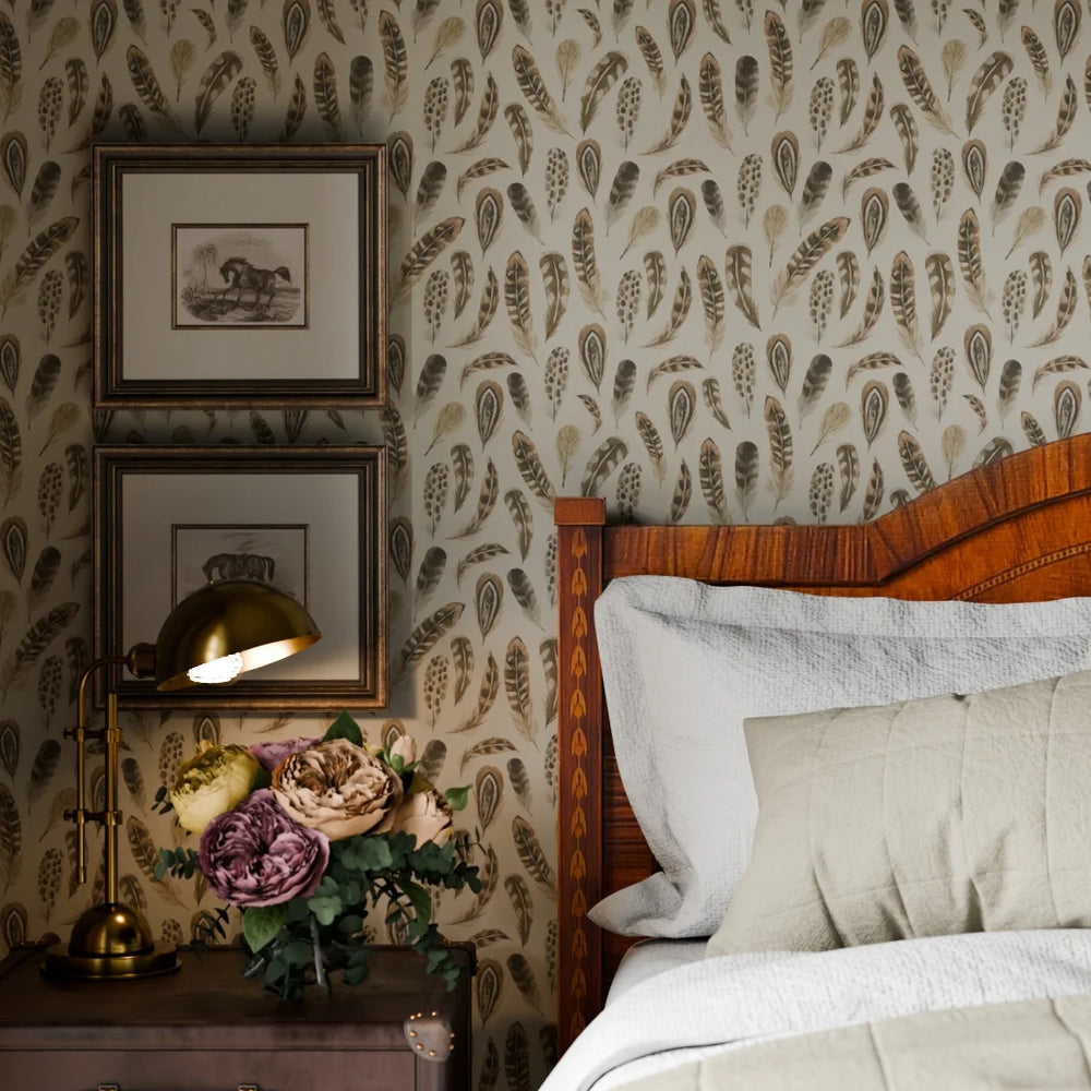 Birds of a Feather Wallpaper - Rural Tones on Vintage Cream - Lucie Annabel