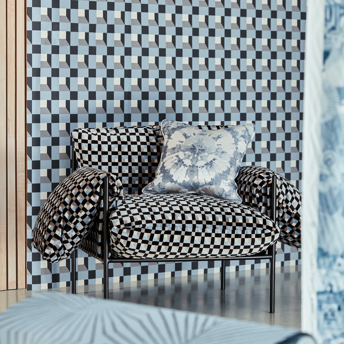 Blocks Wallpaper - Cornflower/Black Earth/Sketched - HQN3112944 - Harlequin