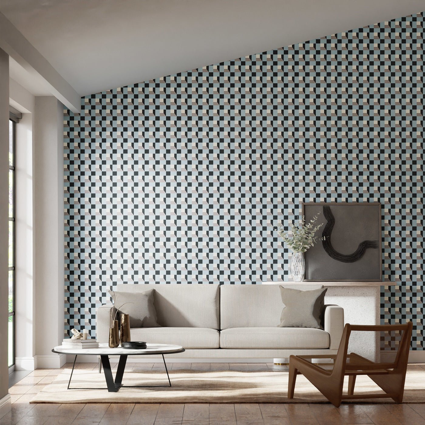 Blocks Wallpaper - Cornflower/Black Earth/Sketched - HQN3112944 - Harlequin