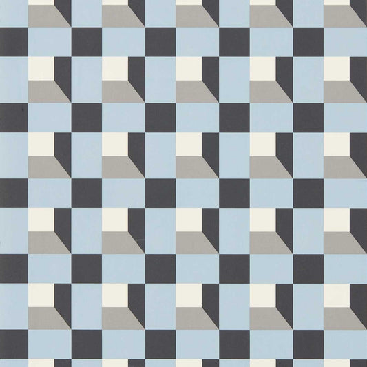 Blocks Wallpaper - Cornflower/Black Earth/Sketched - HQN3112944 - Harlequin
