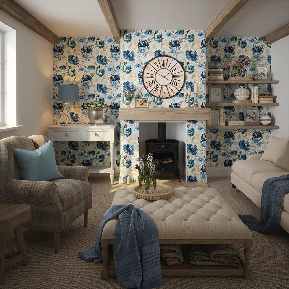 Bouquet De Fleurs Wallpaper - Blues with Chamomile - Lucie Annabel