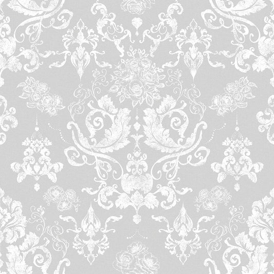 Bridgerton Damask Wallpaper - Classic Grey & Pearl White - Lucie Annabel