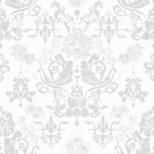 Bridgerton Damask Wallpaper - Pearl White & Vintage Grey - Lucie Annabel