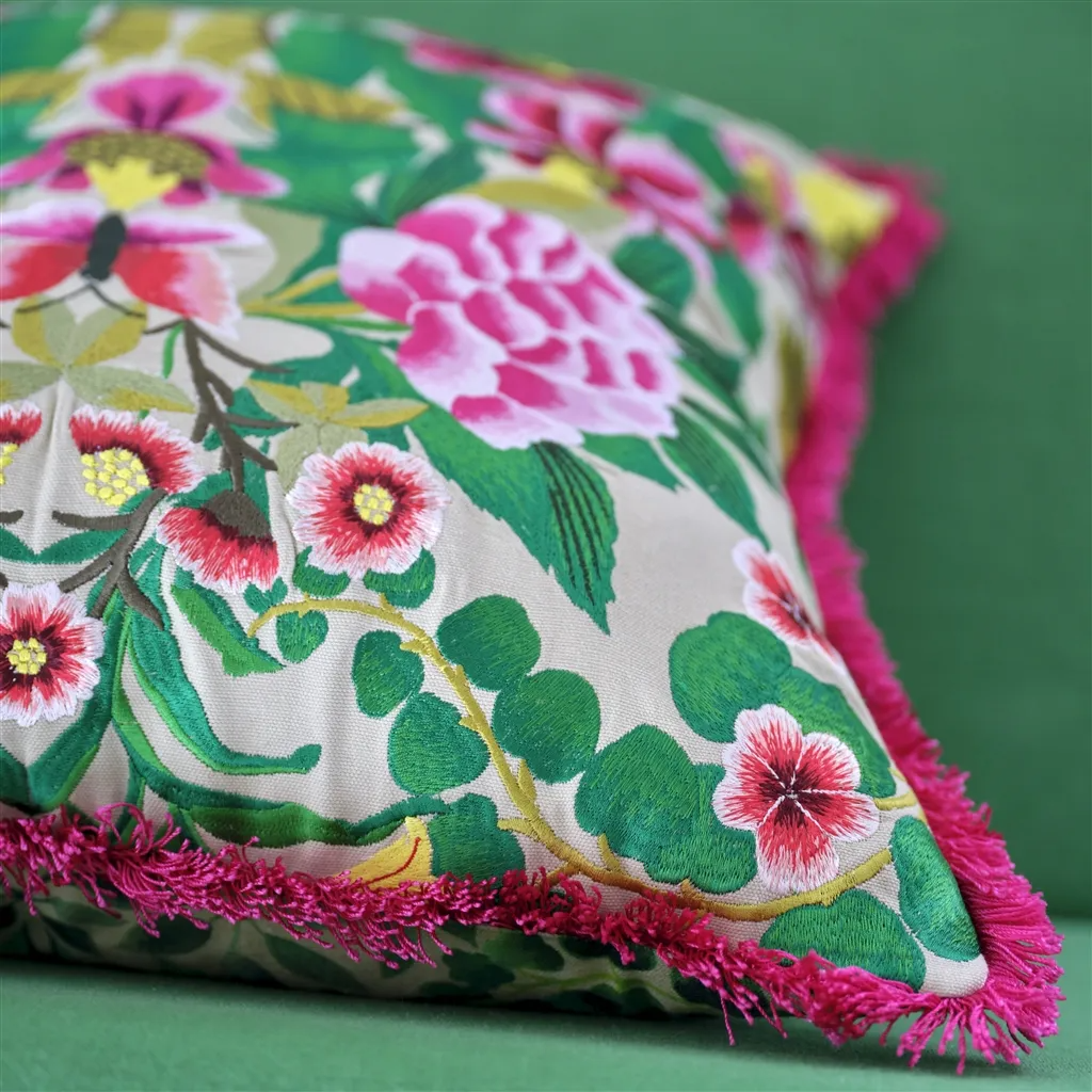 Ikebana Damask Fuchsia Embroidered Cotton Cushion - Designers Guild