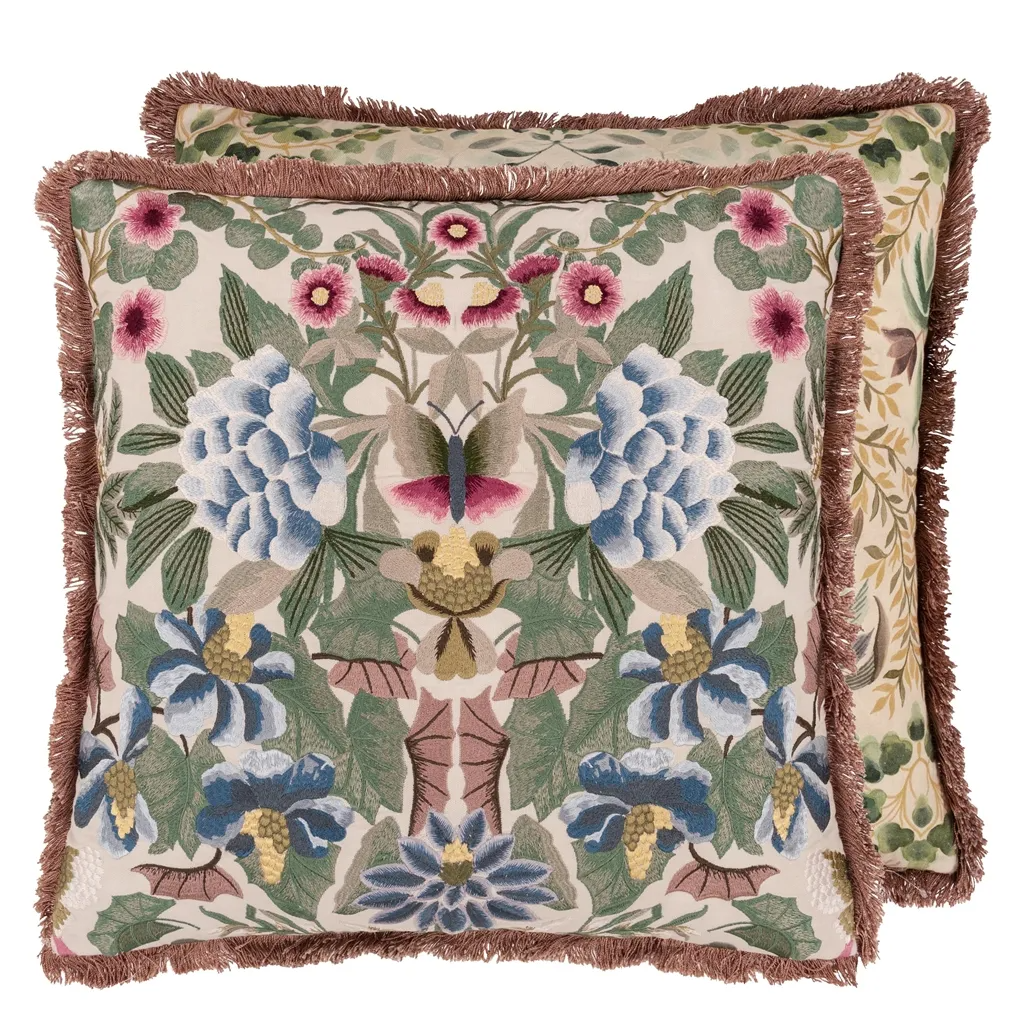 Ikebana Damask Cameo Embroidered Cotton Cushion - Designers Guild