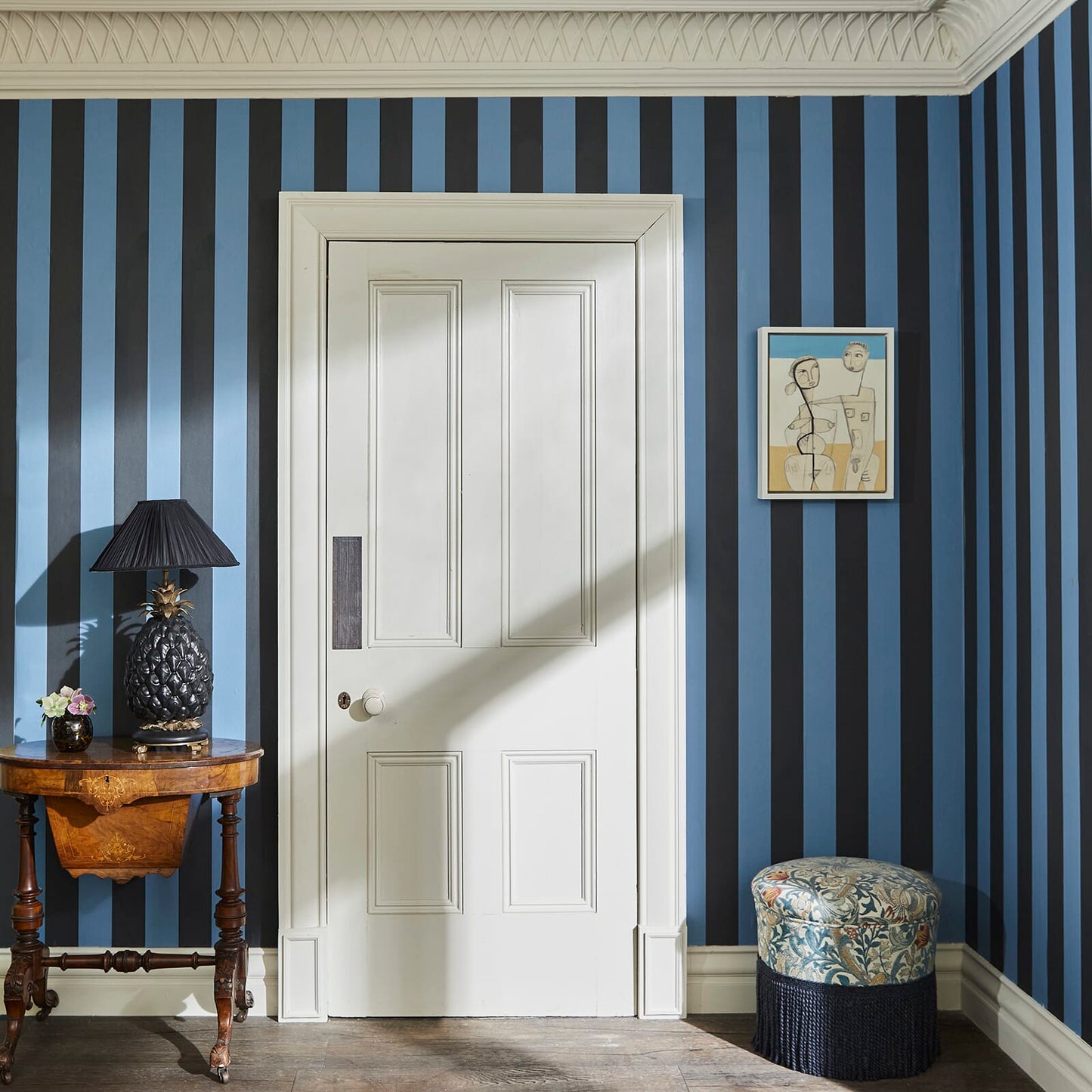 Camelot Stripe Traditional Wallpaper - Sky and Noir - House of Hackney