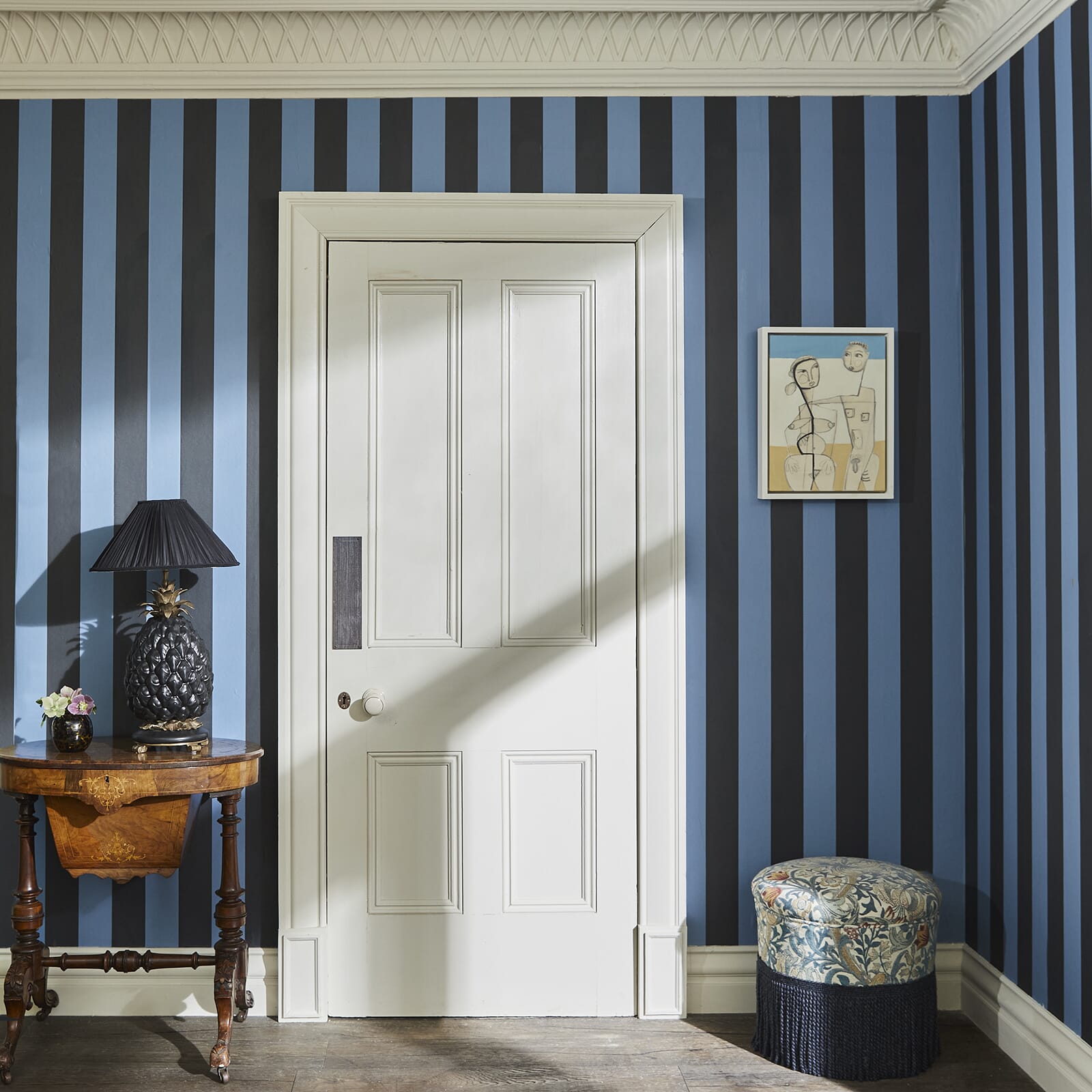 Camelot Stripe Traditional Wallpaper - Sky and Noir - House of Hackney