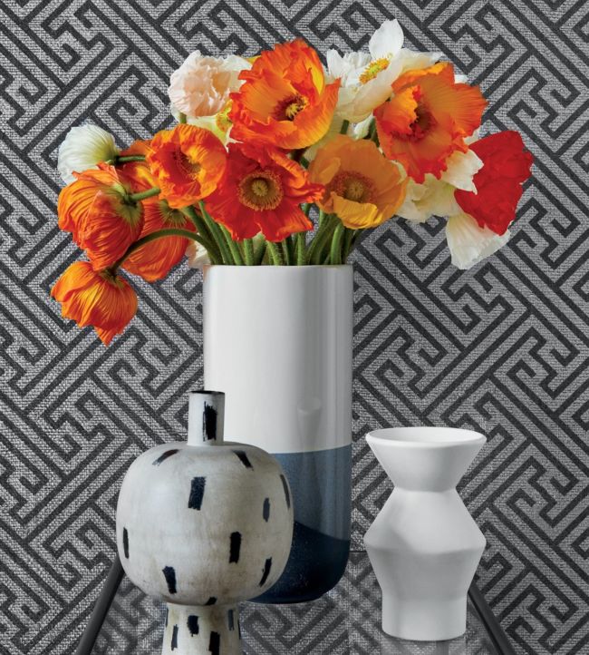 Charlotte Raffia Wallpaper - Black and Metallic Silver - AT9842 - Anna French