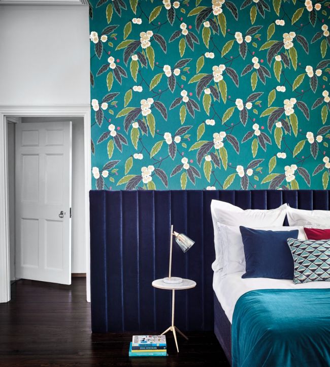 Coppice Wallpaper - Peacock / Azalea / Midnight - HSAW112132 - Harlequin
