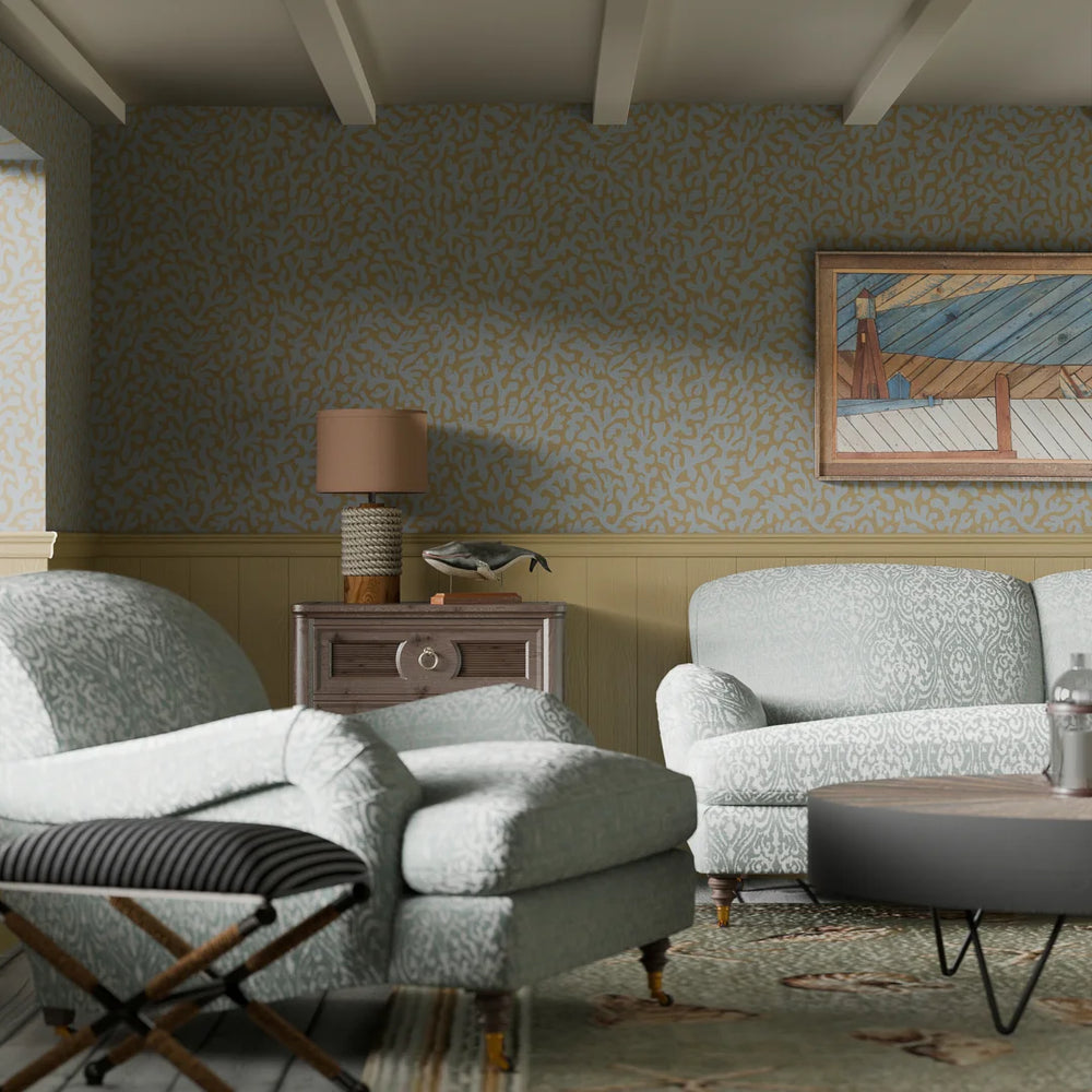 Coral Cove Wallpaper - Cornflower Blue & Rich Ochre - Lucie Annabel