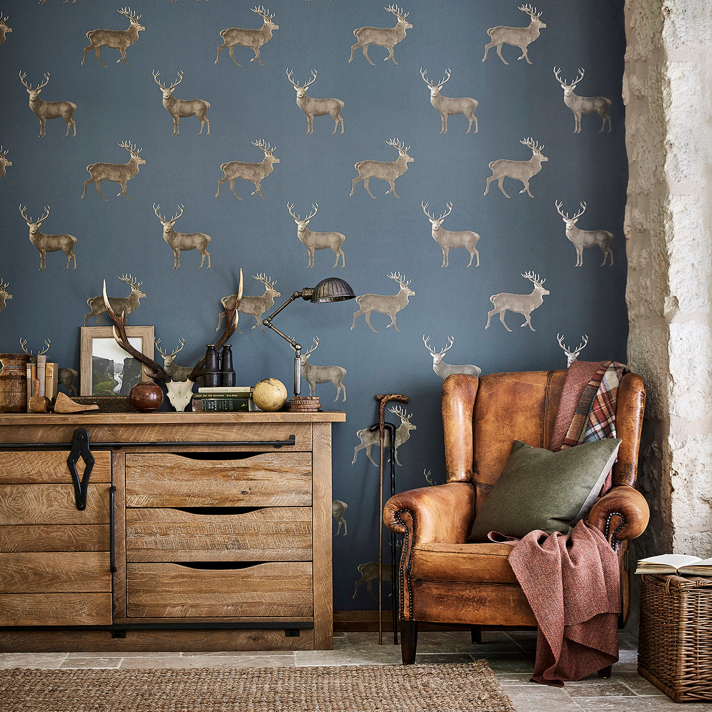Evesham Deer Indigo Room Wallpaper
