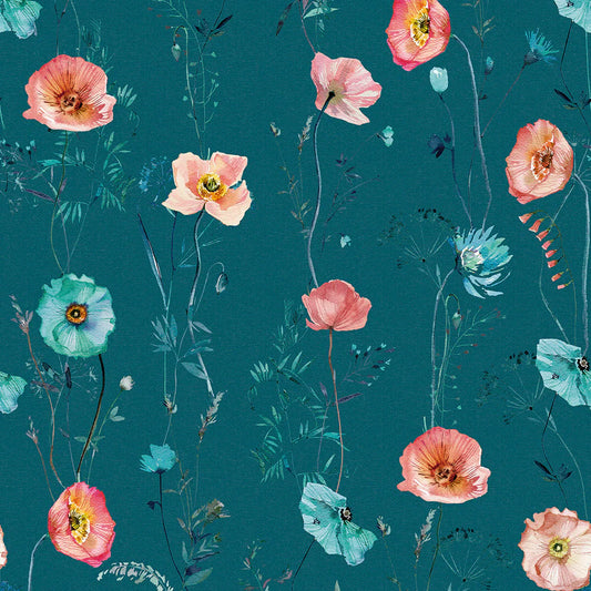 Delicate Stems Wallpaper - Shades of Coral on Teal - Lucie Annabel