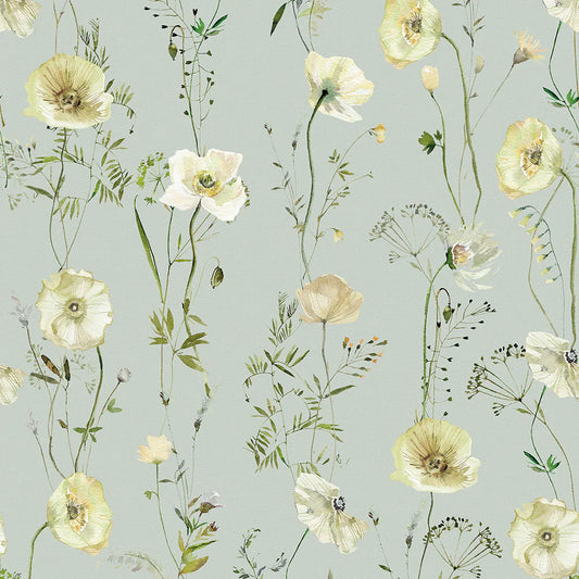 Delicate Stems Wallpaper -  Shades of Cream on Seafoam Green - Lucie Annabel