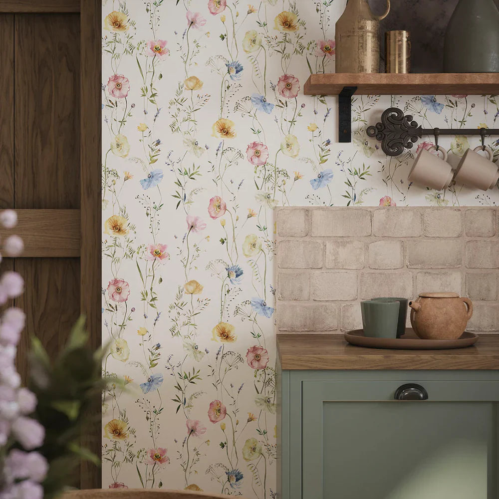 Delicate Stems Wallpaper - Soft Pastels on Linen - Lucie Annabel