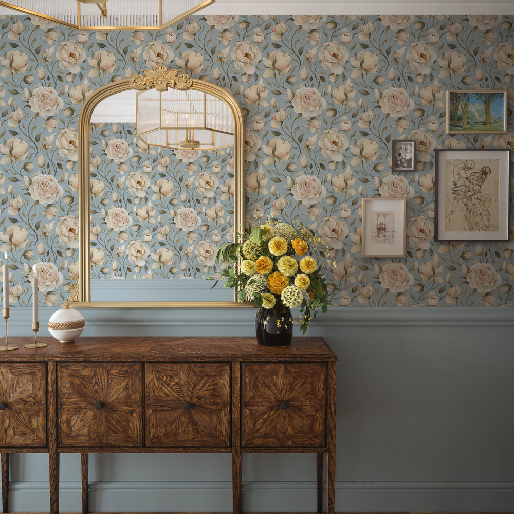 Enchanted Roses Wallpaper - Blush on Mineral Mist - Lucie Annabel