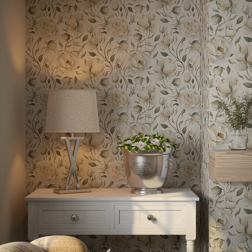 Enchanted Roses Wallpaper - Ivory on Vintage Cream - Lucie Annabel