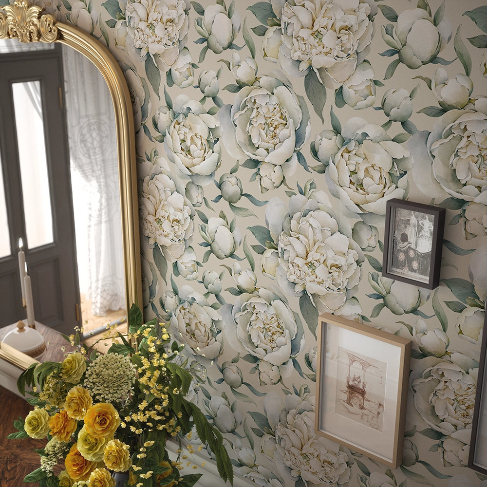 English Garden Peonies Wallpaper - Castle Stone - Lucie Annabel