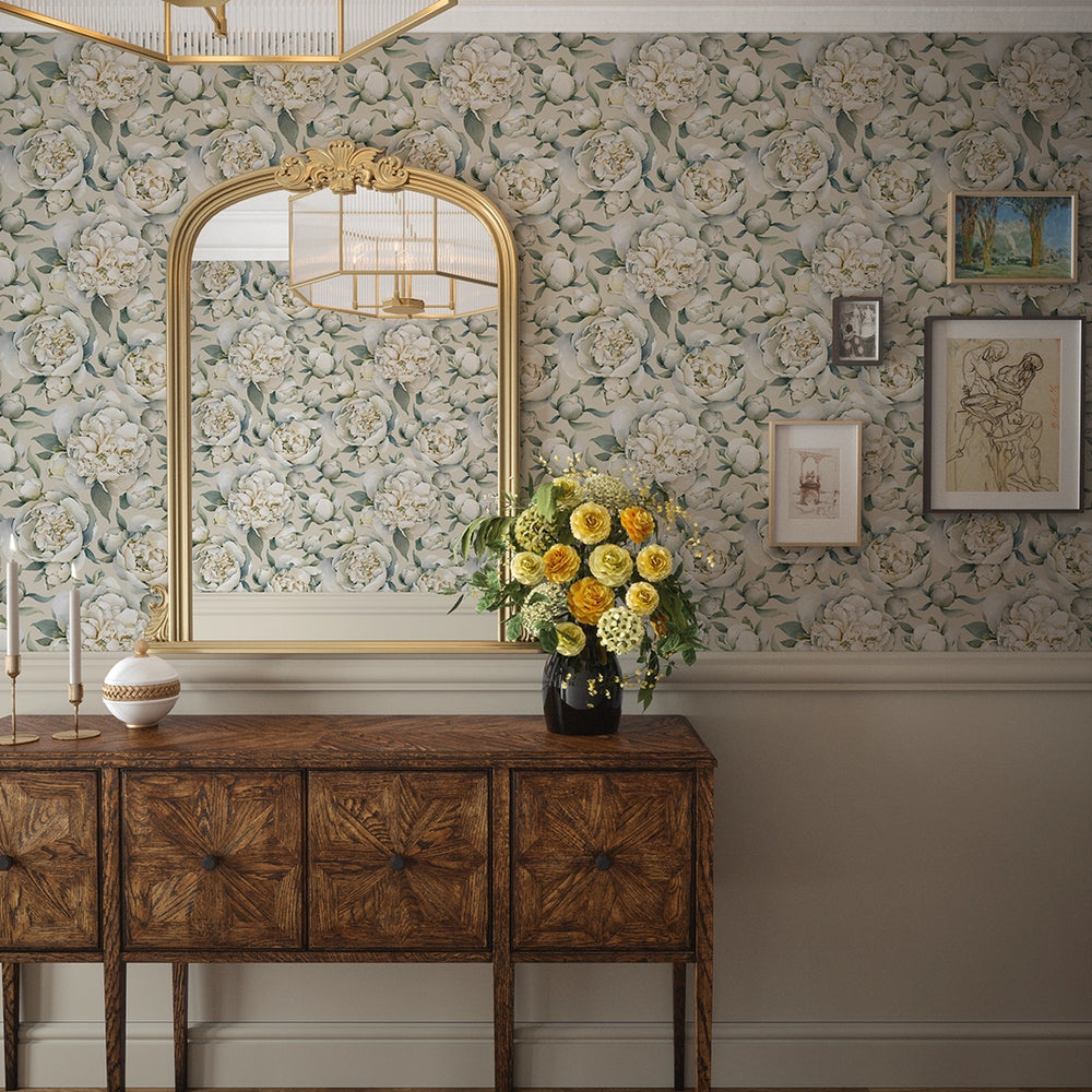 English Garden Peonies Wallpaper - Castle Stone - Lucie Annabel
