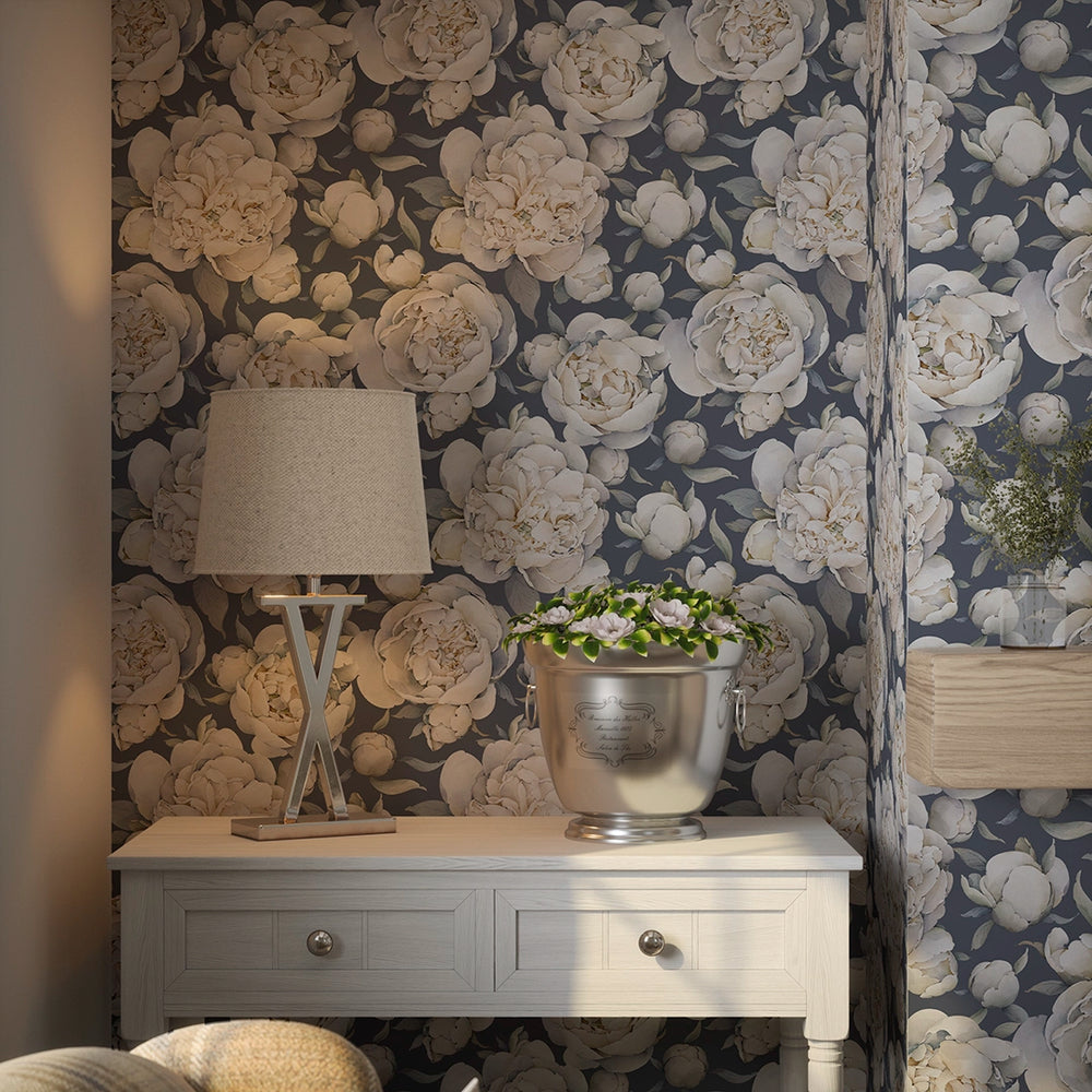 English Garden Peonies Wallpaper - Classic Navy - Lucie Annabel
