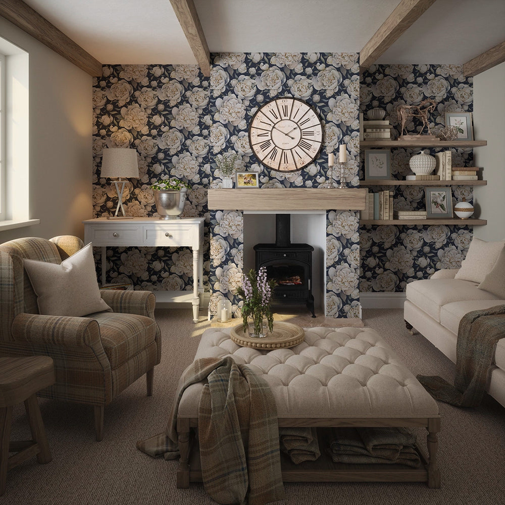 English Garden Peonies Wallpaper - Classic Navy - Lucie Annabel